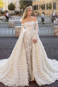 Elegant Off The Shoulder Mermaid Wedding Dress With Long Sleeves And Train