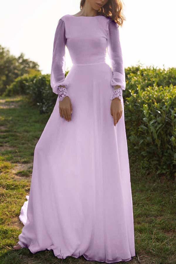 Tulle Bateau Long Sleeves Boho Wedding Dress Open Back A Line