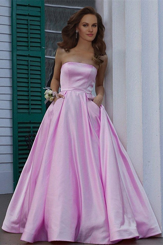 Robe de bal longue en satin, sans bretelles, coupe évasée, avec poches