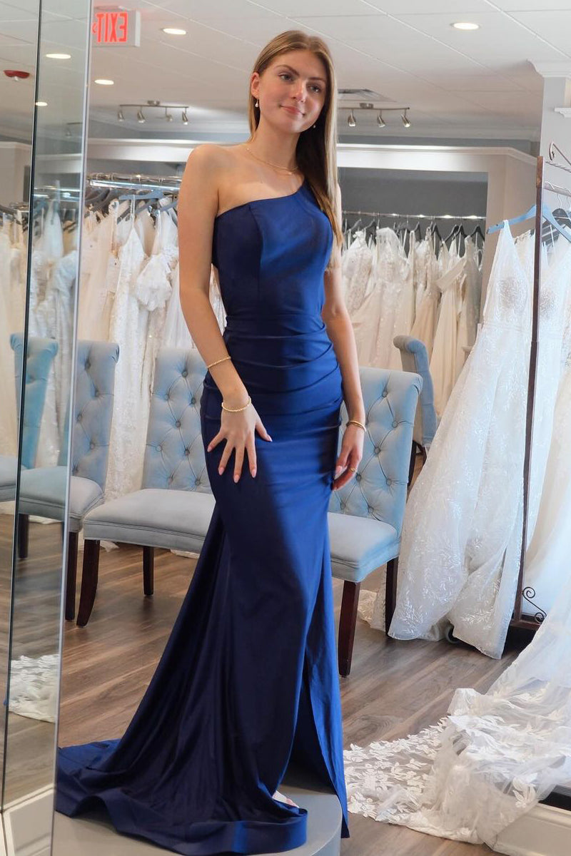 Einfache Meerjungfrau One-Shoulder Marineblau Satin Lange Ballkleider