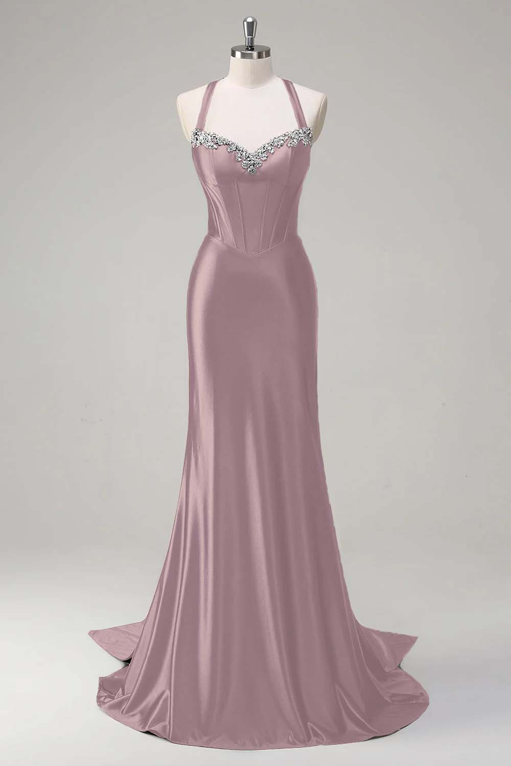 Halter Neck Sleeveless Long Mermaid Prom Dress With Beading Pleated