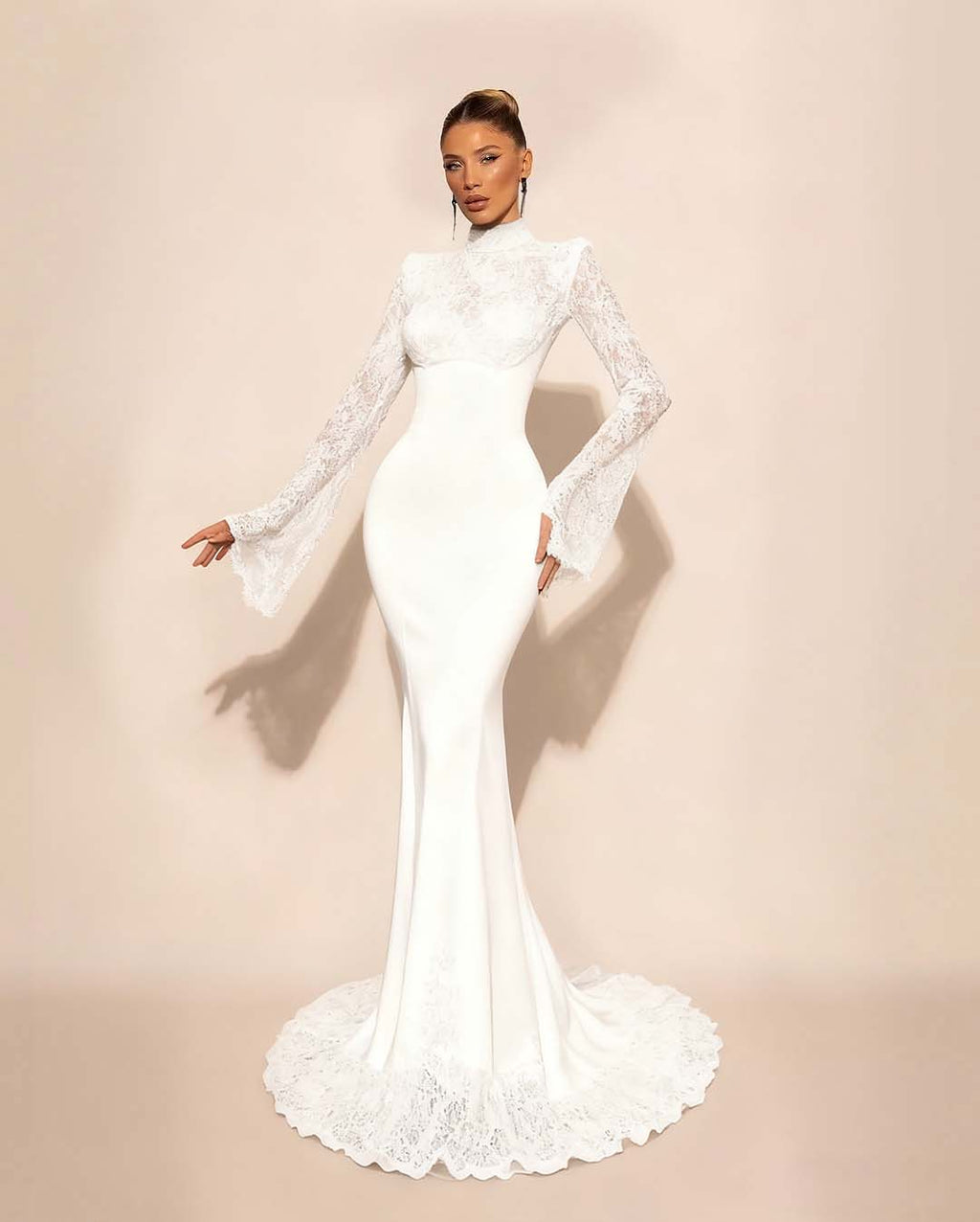 Custom High Neck Lace Mermaid Prom Dress With Pleated Long Sleeves