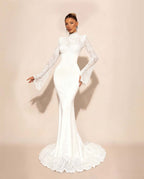 Custom High Neck Lace Mermaid Prom Dress With Pleated Long Sleeves