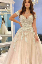 Elegant Off Shoulder A Line Long Wedding Dress With Tulle Lace