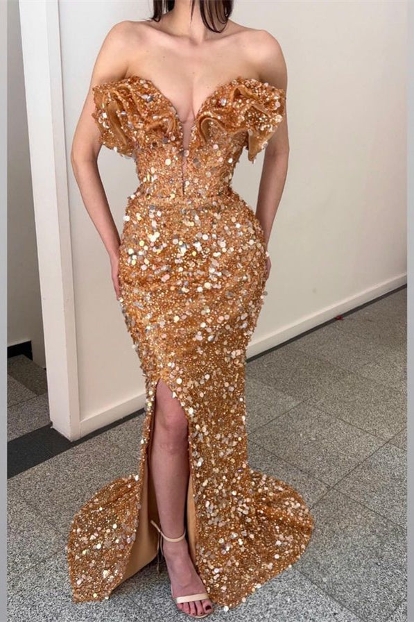 Robe de bal sirène longue à col en V, plissée, ornée de paillettes, avec fente