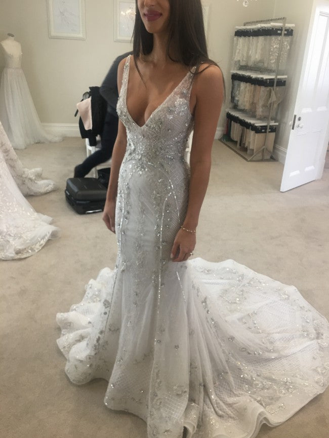 Romantic Strapless Long Mermaid Wedding Dress With Sequins And Train