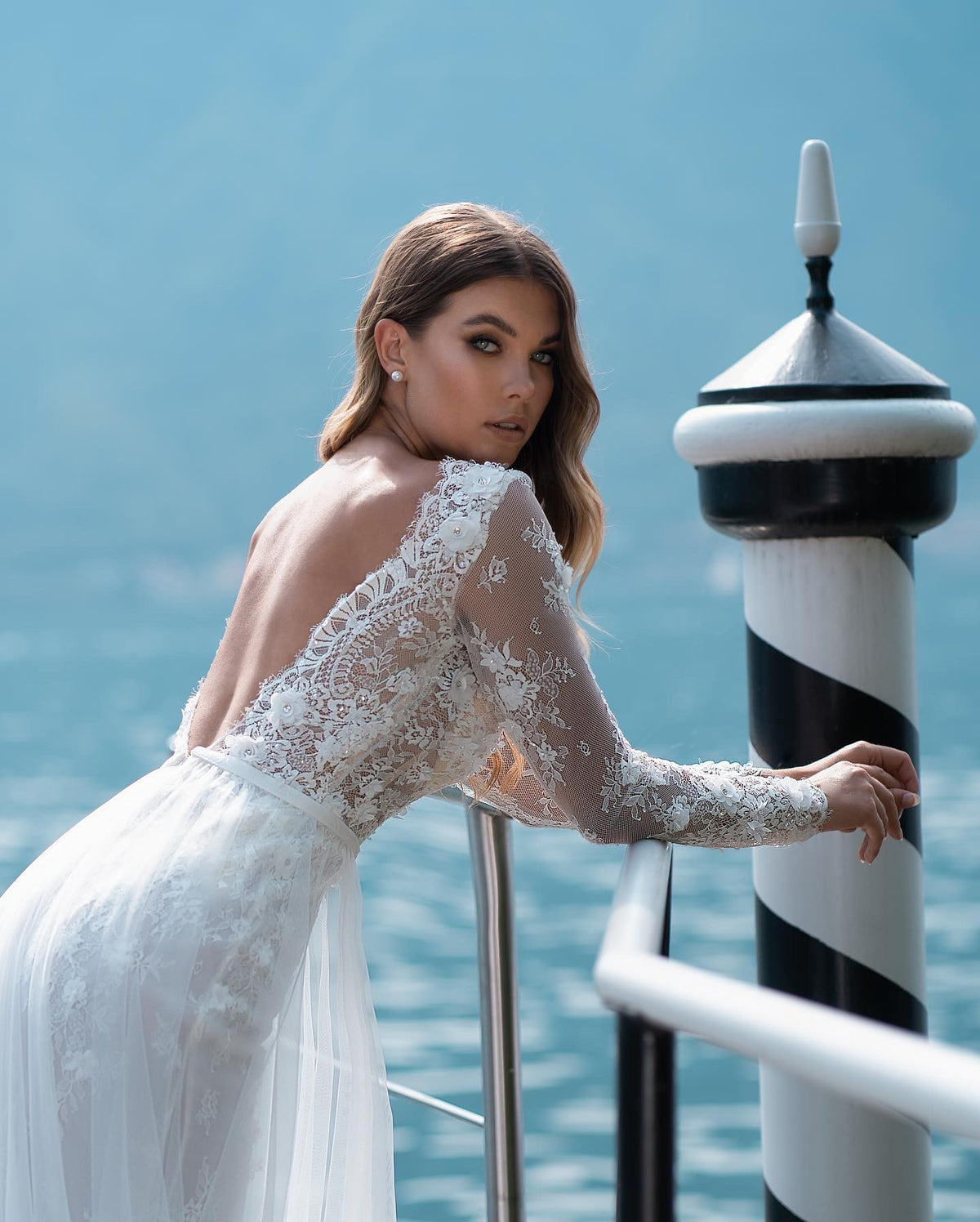 Classic Lace Backless Boho V Neck A Line Wedding Dress With Long Sleeves