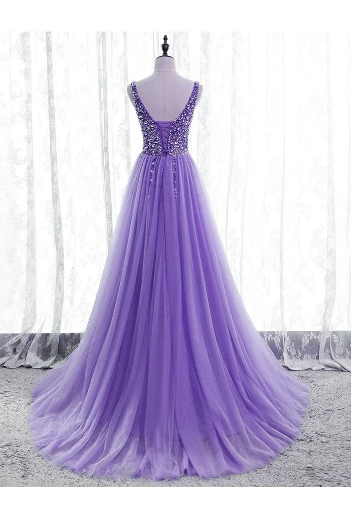 Vestido de fiesta morado con cuentas, escote en V, tul brillante, vestido de noche, vestido de baile de tul morado Y1008