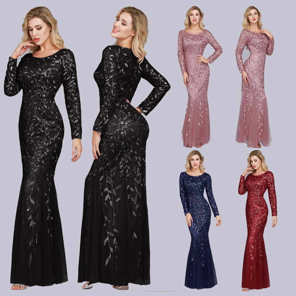 Primavera multi-cor manga longa em torno do pescoço fishtail banquete vestido de noite para mulher