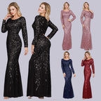 Primavera multi-cor manga longa em torno do pescoço fishtail banquete vestido de noite para mulher