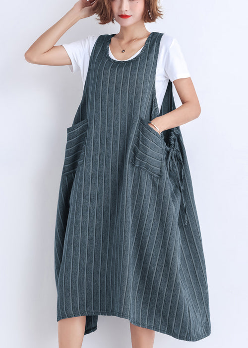 Vestido de verano a rayas con bolsillos sin mangas de algodón para mujer de Corea
