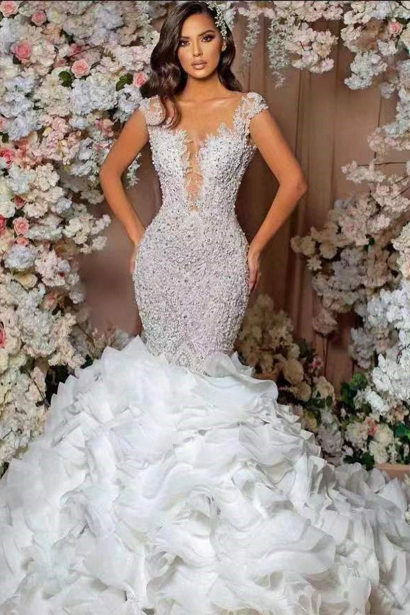 Glamorous Mermaid Wedding Dress With Cap Sleeves Lace Appliques And Ruffle Train