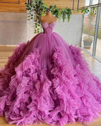 Vestido de Baile Roxo com Corpete de Contas, Tule, Folhos e Pregas Y86