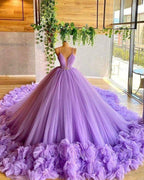 Spaghetti Straps Lavender Beading Bodice Tulle Ball Gown with Handmade Flowers Y97