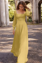 Square Neckline A Line Long Sleeve Wedding Dress For Elegant Bridal