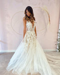 Deep V-Neck Backless A-Line Wedding Dress With Appliques Lace Tulle