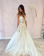 Deep V-Neck Backless A-Line Wedding Dress With Appliques Lace Tulle