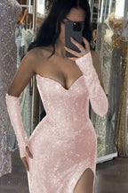 Sequin Strapless Long Mermaid Prom Dress With Split Detachable Sleeves