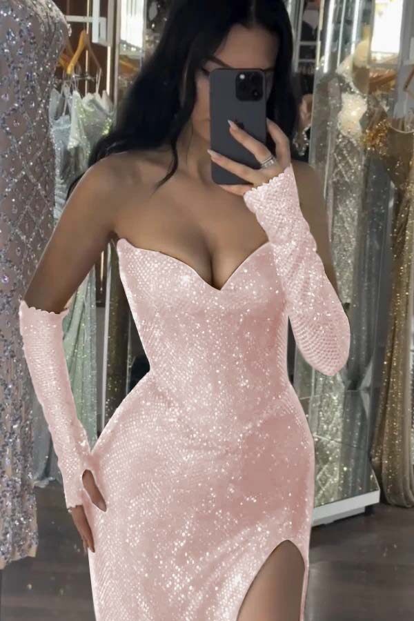 Sequin Strapless Long Mermaid Prom Dress With Split Detachable Sleeves
