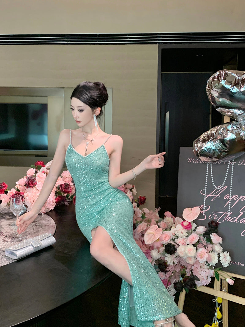 Abito da Sera Verde con Paillettes e Spacco Alto – Elegante Vestito da Festa e Cerimonia