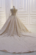 Satin High Neck Wedding Ball Gown With Long Sleeves And Sequins