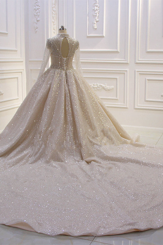 Satin High Neck Wedding Ball Gown With Long Sleeves And Sequins