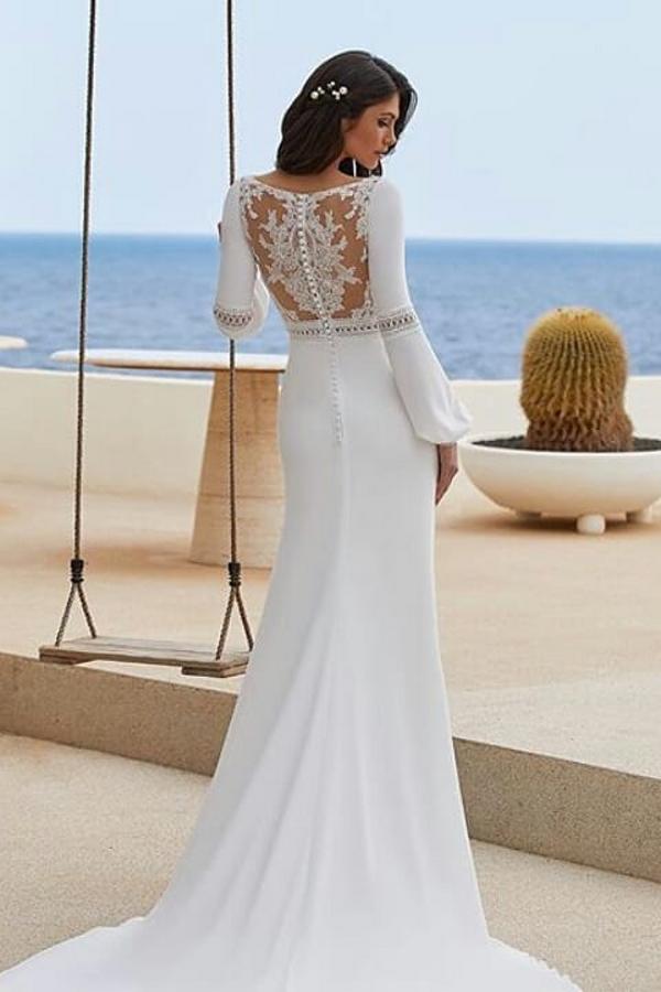 Trendy Bodenlange Meerjungfrau Juwel Hals Langarm Chiffon Ballkleider