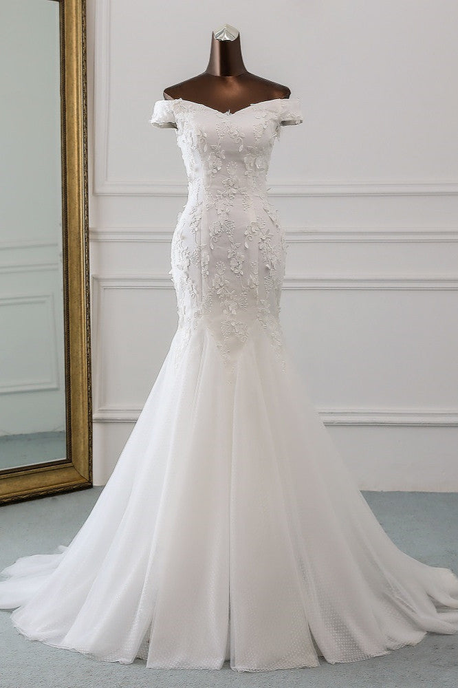 Sexy Long Off The Shoulder Mermaid Silhouette Wedding Dress With Lace Tulle