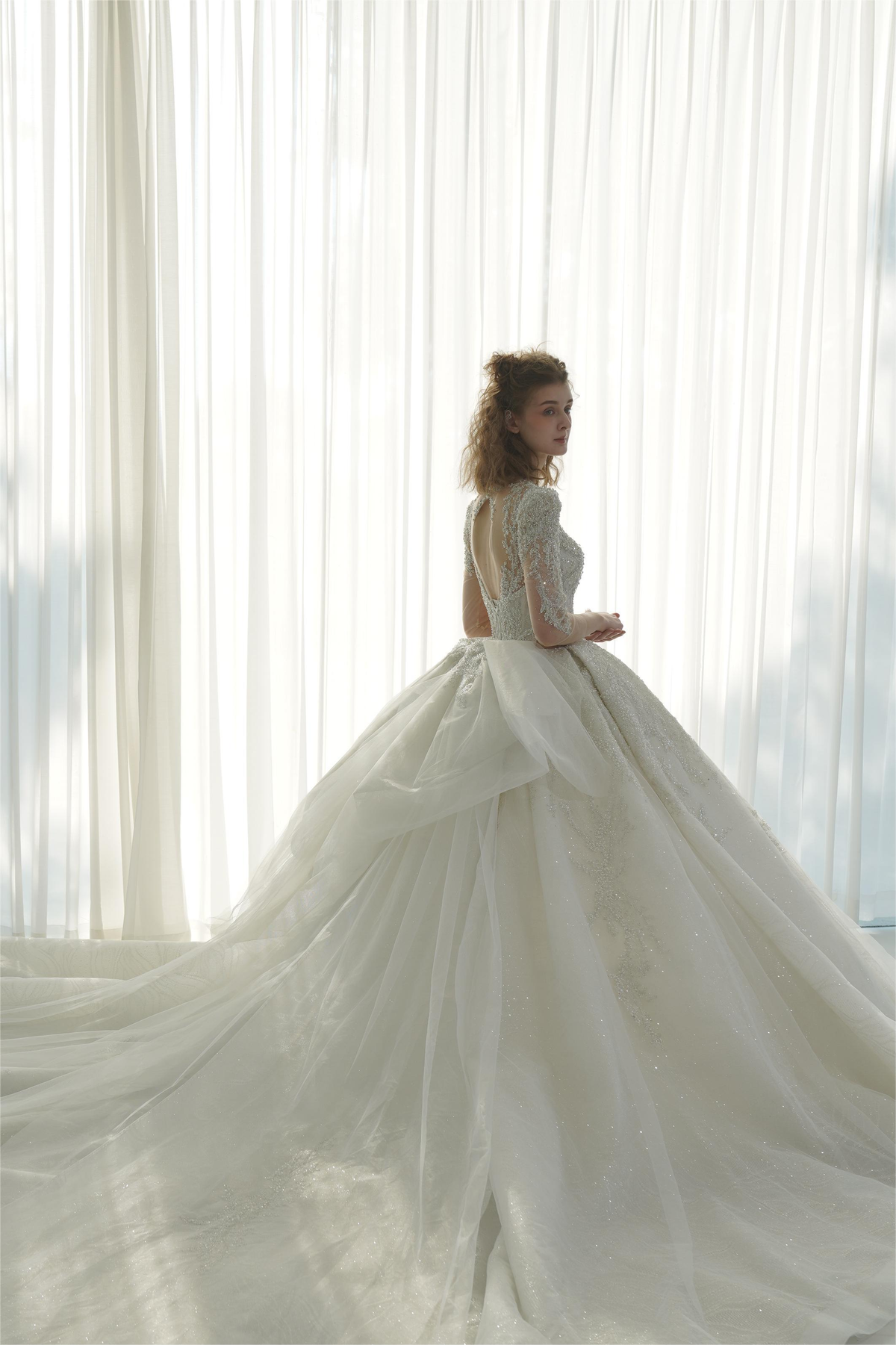 Luxe V-Neck Crystal Ball Gown Wedding Dress with Long Lace Sleeves & Oversized Bow