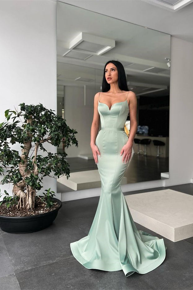Vestido Formal de Cetim Comprido com Alças Finas e Decote Coração Estilo Sereia
