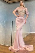 Vestido de Cetim Comprido de Baixo do Ombro com Decote Coração, Estilo Sereia, com Contas