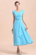 BMbridal Blue Short Sleeves Chiffon Mother of the Bride Dress Tea-Length Online