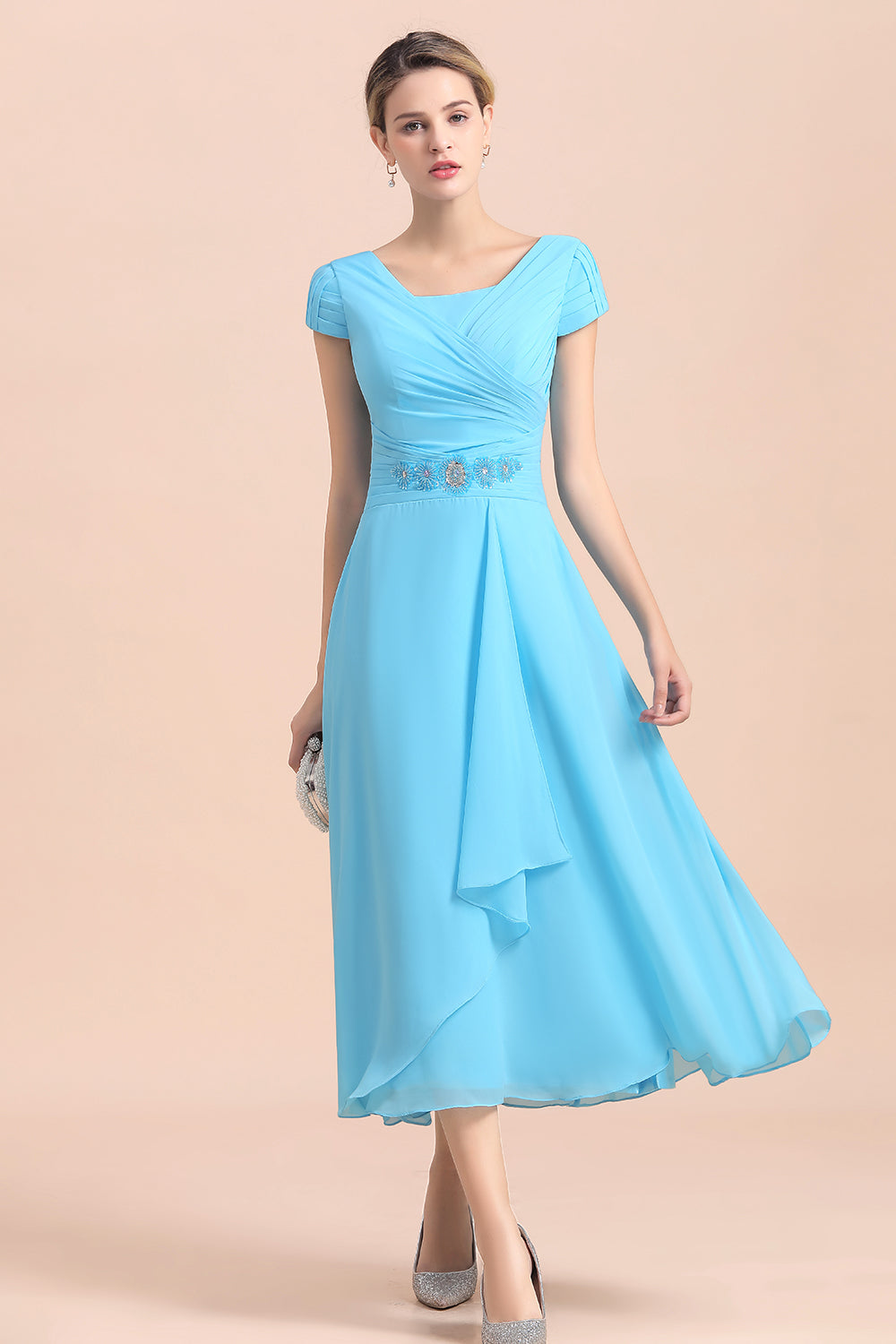BMbridal Blue Short Sleeves Chiffon Mother of the Bride Dress Tea-Length Online