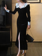 TARUXY Vestito Vintage con Merletto a Incastro Donna Nero di Carattere Abito Aderente Signorina Spacco Laterale Elegante da Festa Retro Abito da Sera Donna