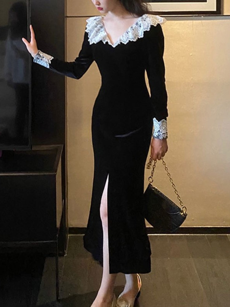 TARUXY Vestito Vintage con Merletto a Incastro Donna Nero di Carattere Abito Aderente Signorina Spacco Laterale Elegante da Festa Retro Abito da Sera Donna
