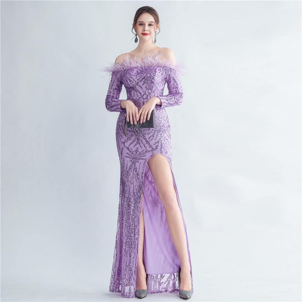 Schulterfreies Abendkleid mit Fischschwanz und Pailletten aus hochdichtem Straußenhaar 