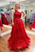 Vestidos longos de baile em tule com folhos e corte evasê de um ombro só