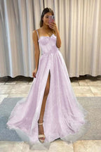 Sequined Spaghetti Strap Sleeveless Long Split Prom Dress