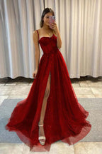 Sequined Spaghetti Strap Sleeveless Long Split Prom Dress
