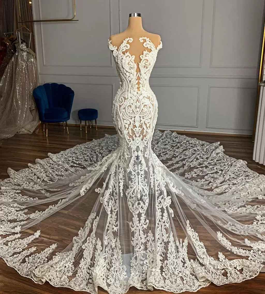 Mermaid Lace Wedding Dress With Beading And Appliques Sleeveless Built In Bra