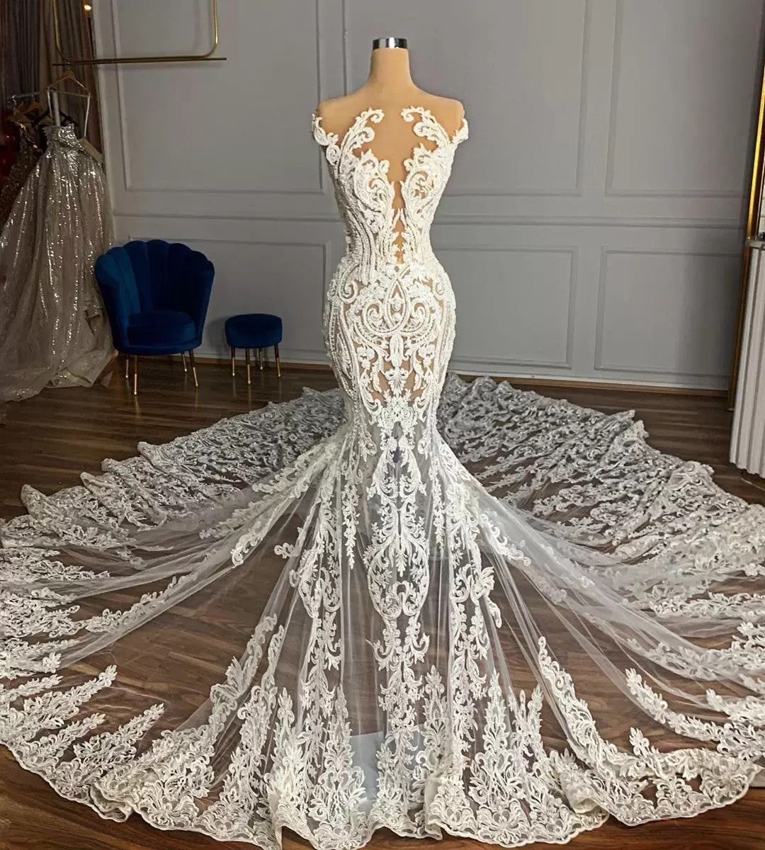 Mermaid Lace Wedding Dress With Beading And Appliques Sleeveless Built In Bra