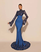 Custom High Neck Lace Mermaid Prom Dress With Pleated Long Sleeves