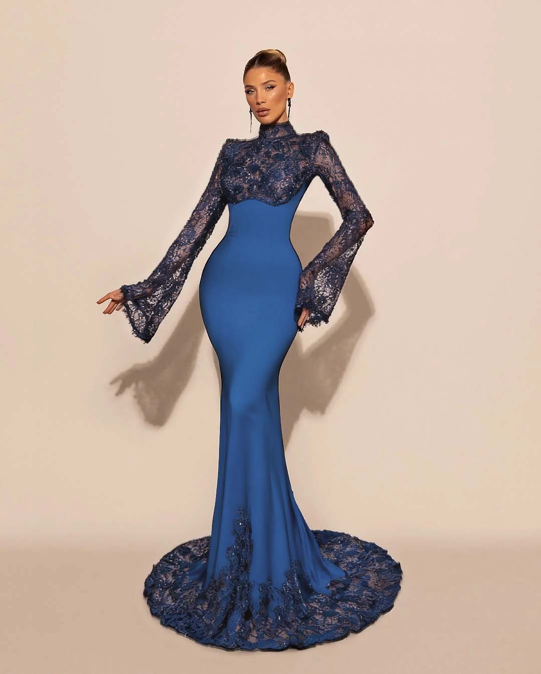 Custom High Neck Lace Mermaid Prom Dress With Pleated Long Sleeves