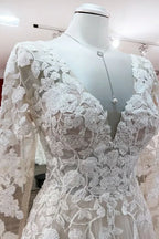 Ivory Long Sleeves A Line Lace Open Back Wedding Dress with Tulle Appliques