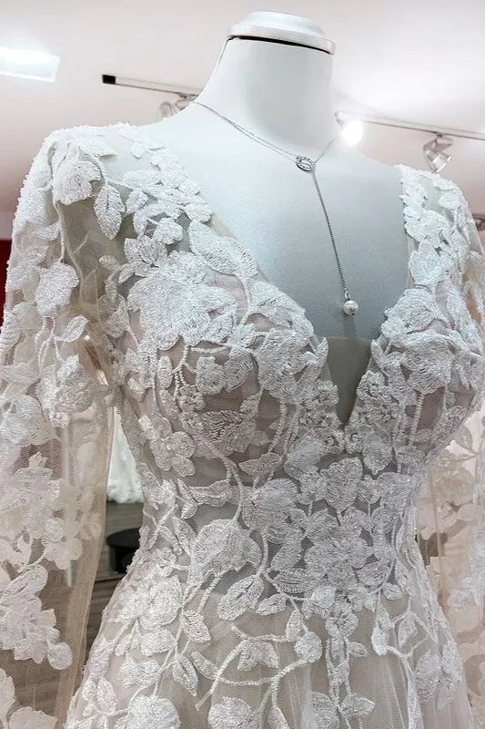 Ivory Long Sleeves A Line Lace Open Back Wedding Dress with Tulle Appliques