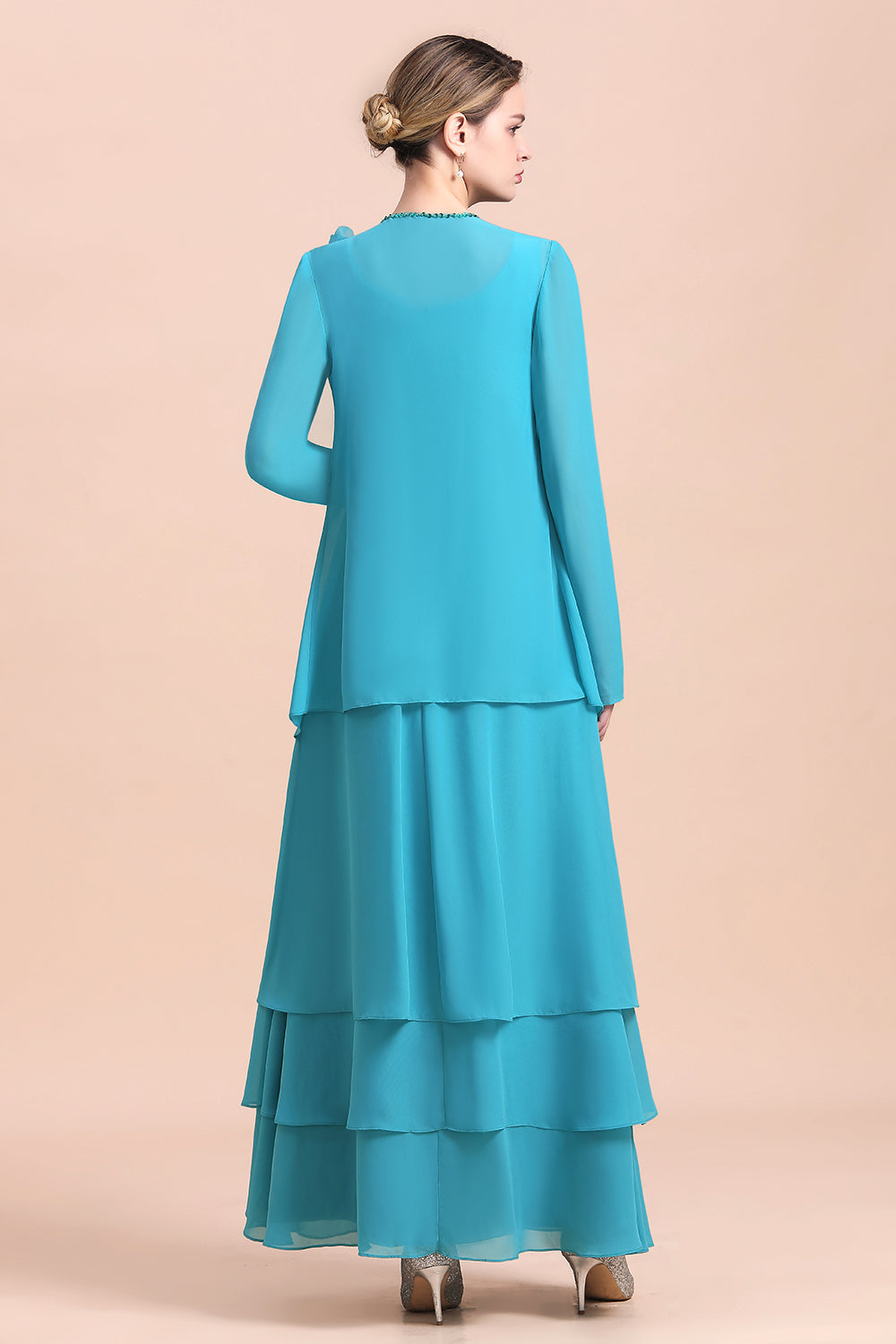 BMbridal Gorgeous Square Neck Flowers Layers Mother of Bride Dress with Long Wraps