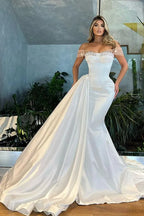 Satin Off Shoulder Mermaid Wedding Dress With Ruffles And Pearls White