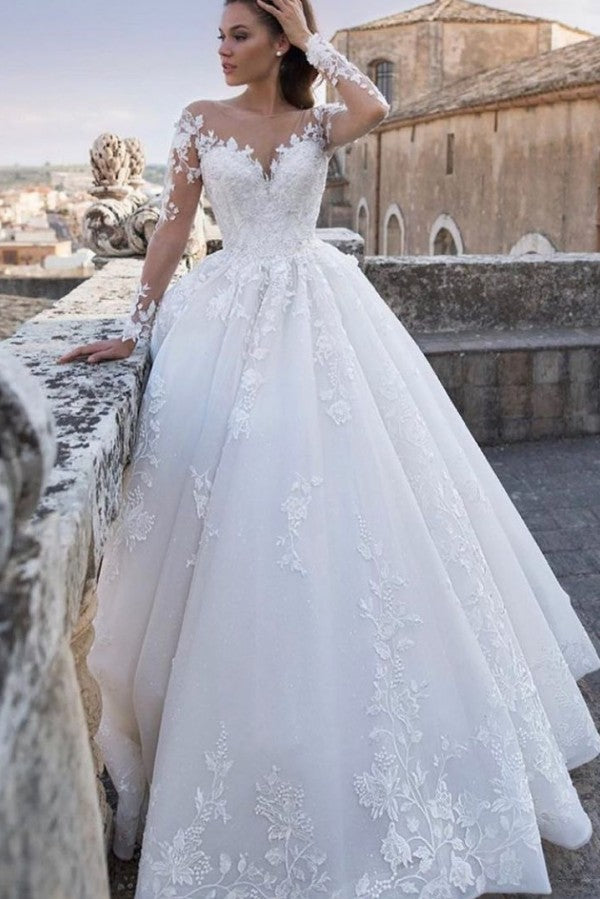 Princess Long Sleeve Wedding Dress With Sweetheart Neckline And Floral Lace