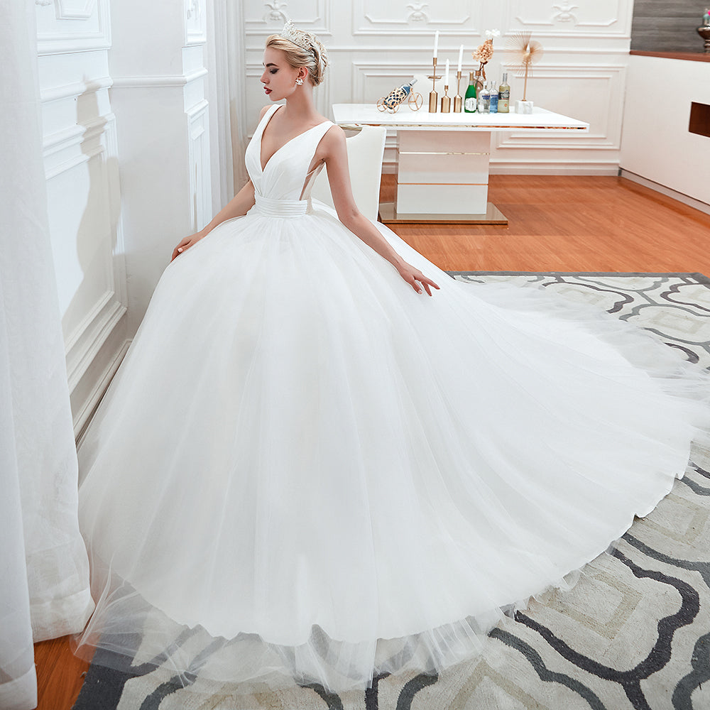 Charming V Neck Wide Straps Deep Floor Length A Line Tulle Wedding Dress