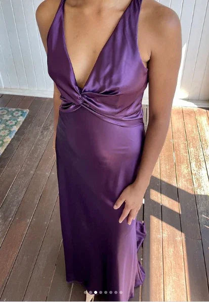 Vestido largo de fiesta morado con escote en V y espalda descubierta, vestido de noche para baile Y7520